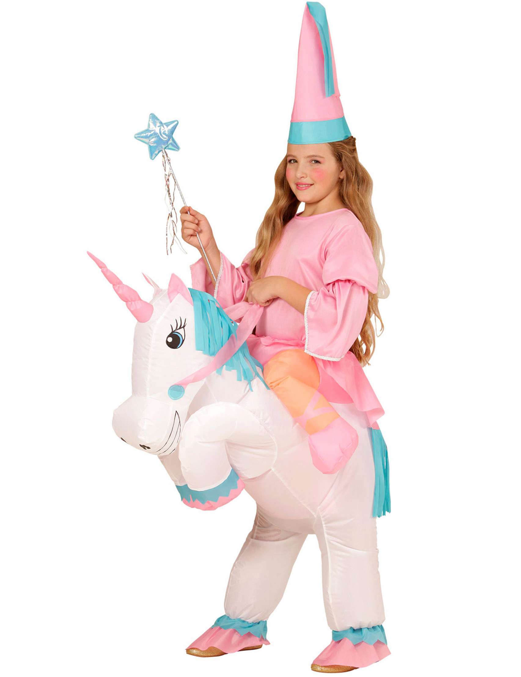 Aufblasbares Prinzessin auf Einhorn Kinderkostüm weiss-rosa-blau