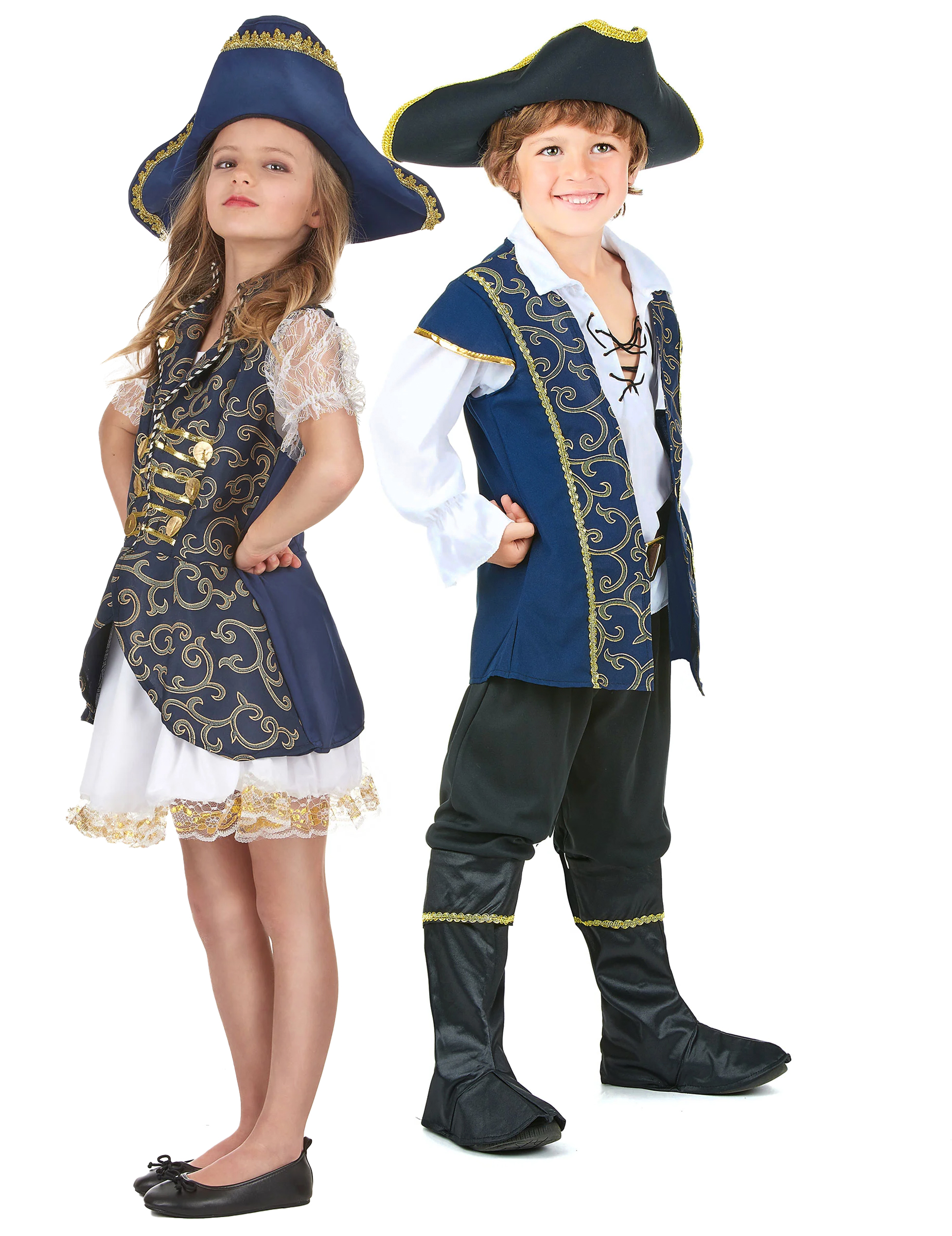 Piraten-Paarkostüm für Kinder schwarz-weiss-gold