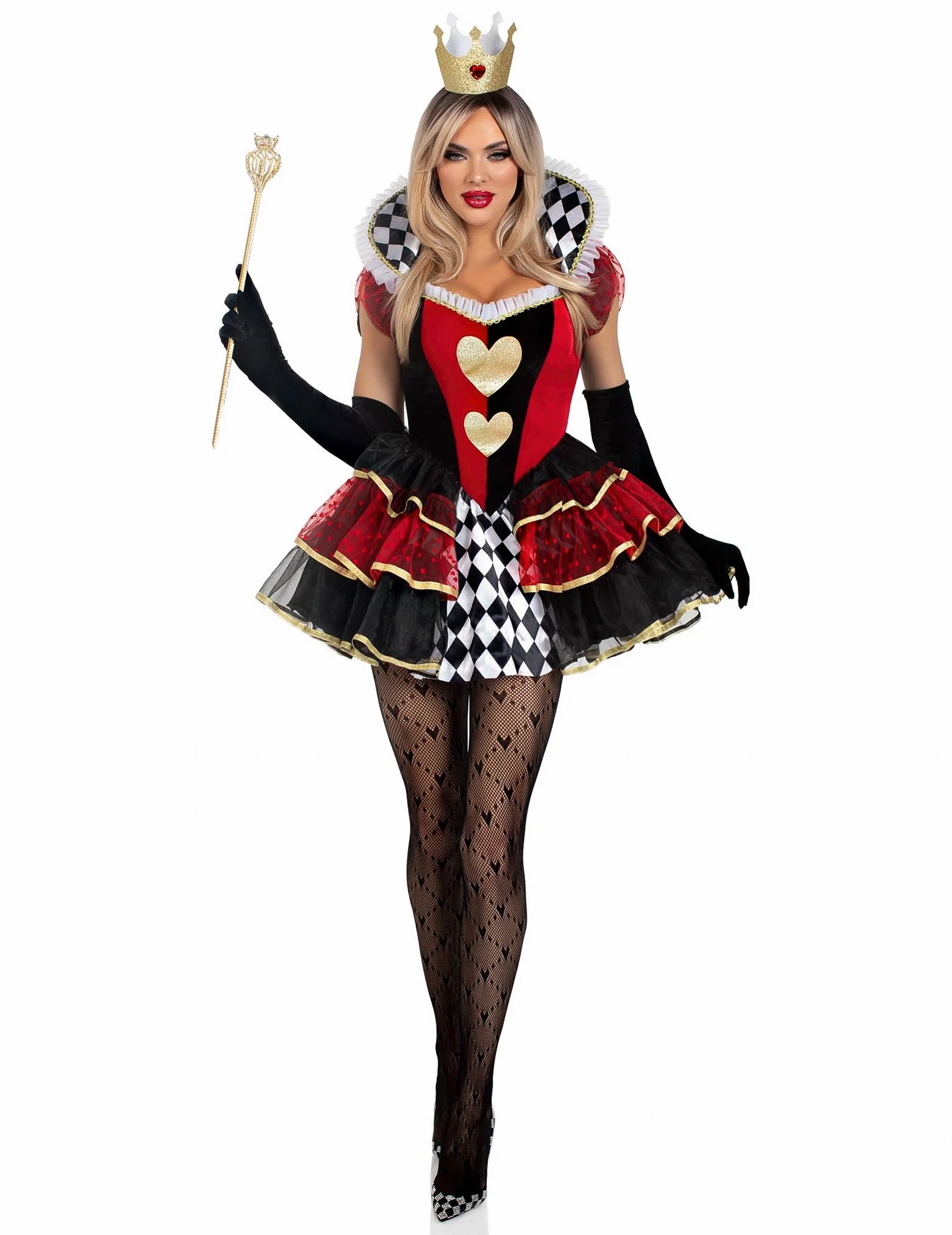 Sexy Herzkönigin Kostüm für Damen rot-schwarz-gold