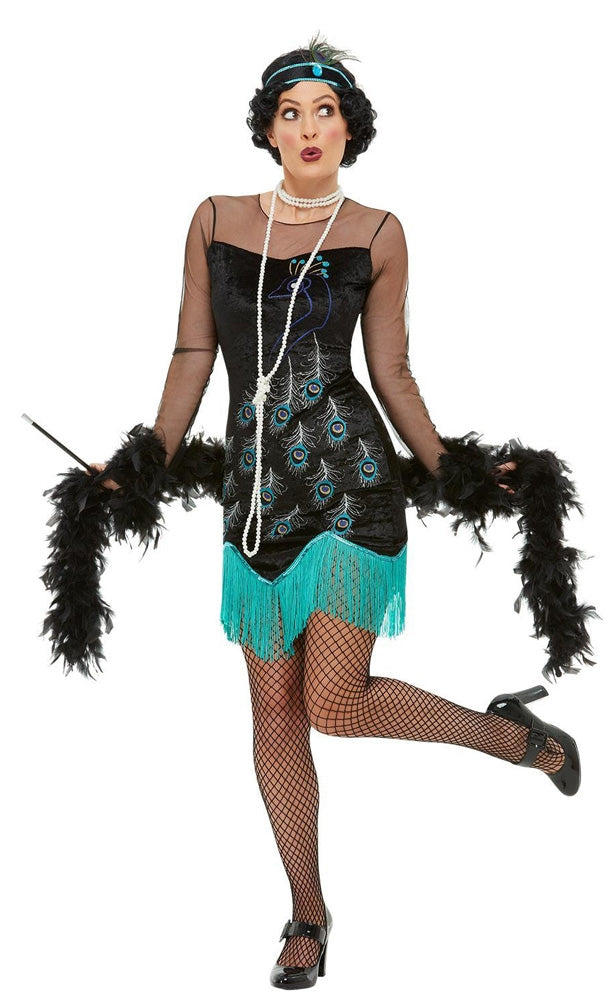 20er Jahre Pfau Flapper Kostüm für Damen - L türkis-schwarz | Karneval & Fasching | Kostüme.com
