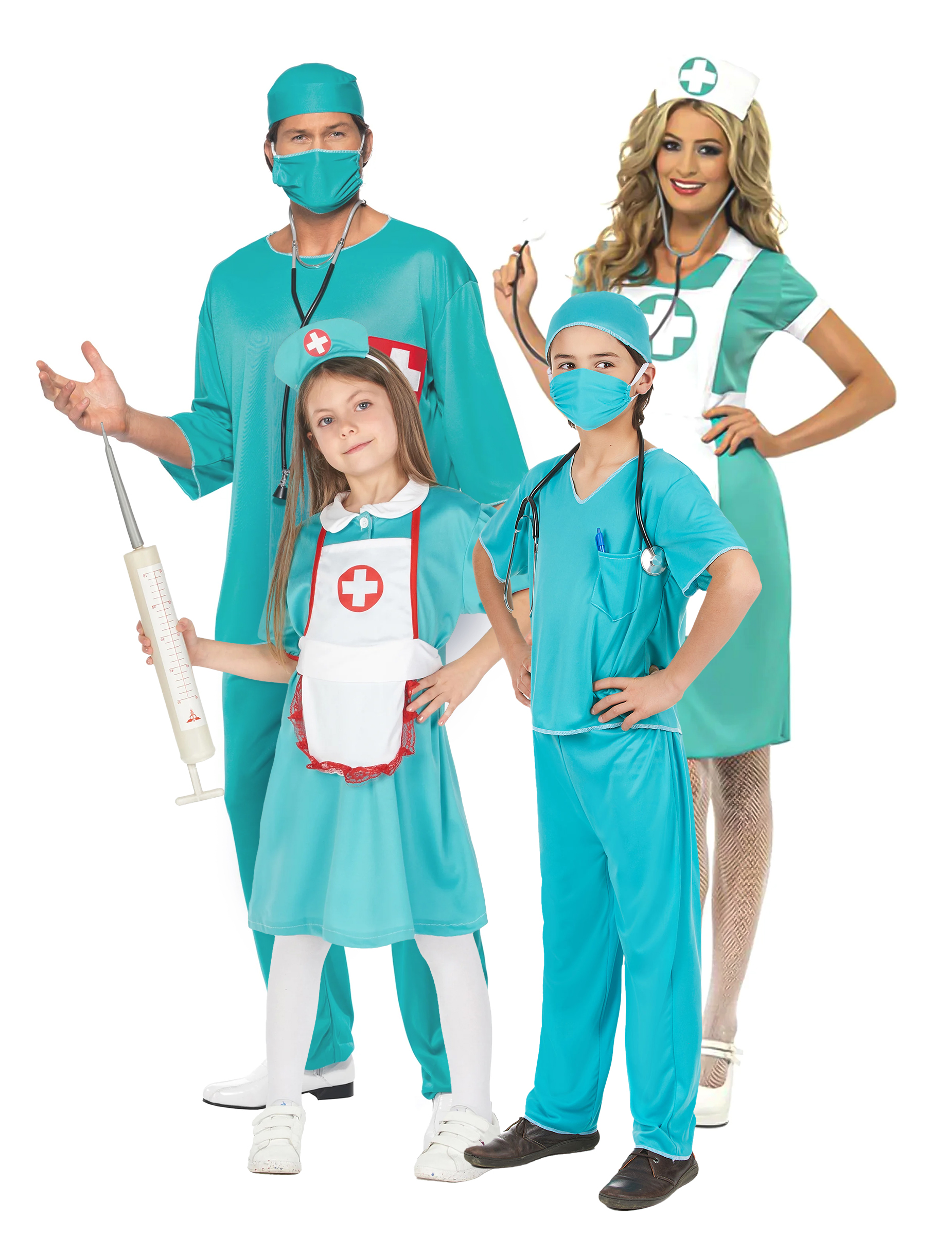Chirurgen-Familienkostüm Karneval türkis